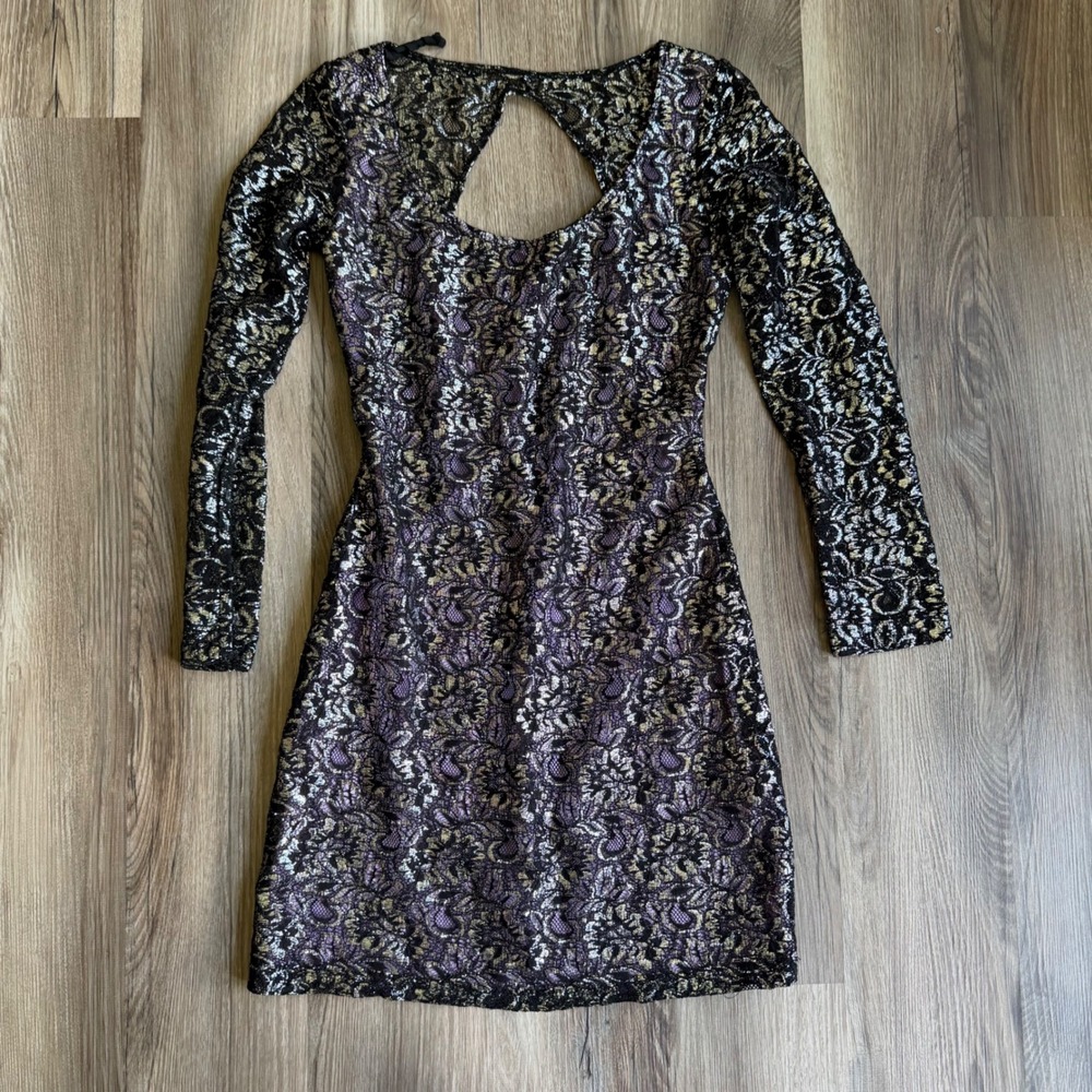 Y2K Jump Apparel Wendy Chaitin Metallic Lace Mini Dress Purple Silver M